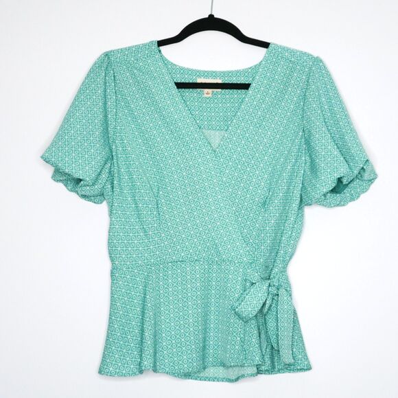 meraki Tops - Meraki Womens‎ Blouse Size Large Teal Green Geometric Peplum Tie Waist Boho